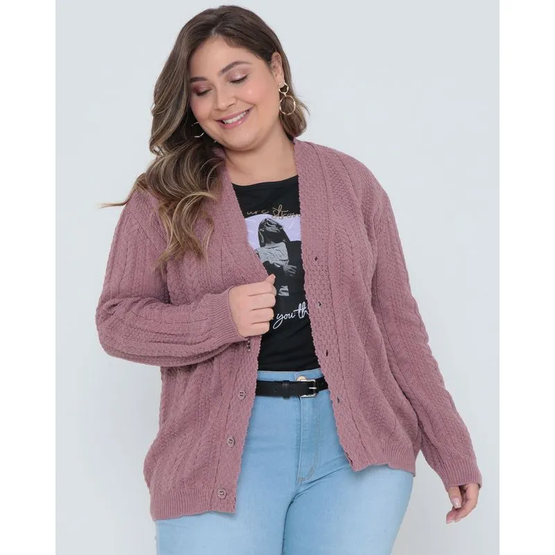 Cardigan Feminino Plus Size Tricô Rosa Claro G
