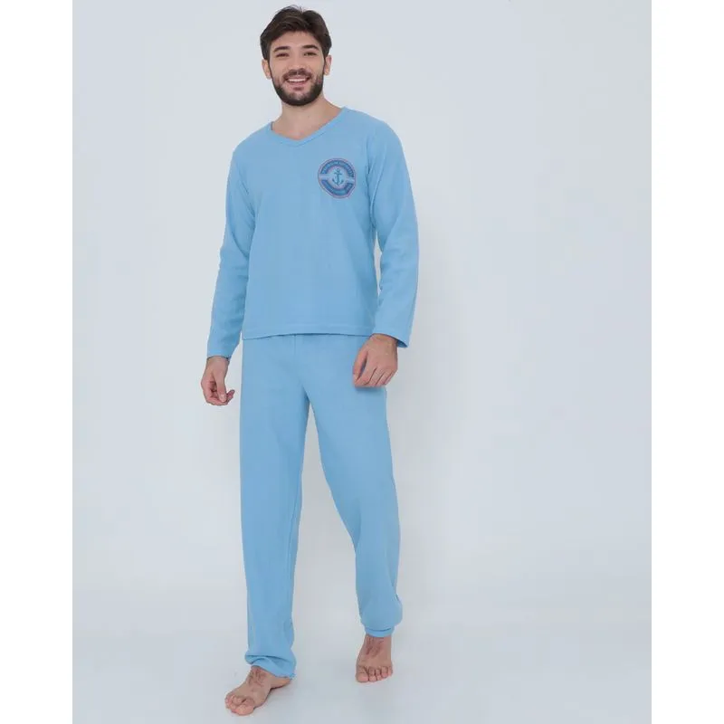 Pijama Masculino Longo Malha Soft Azul GG