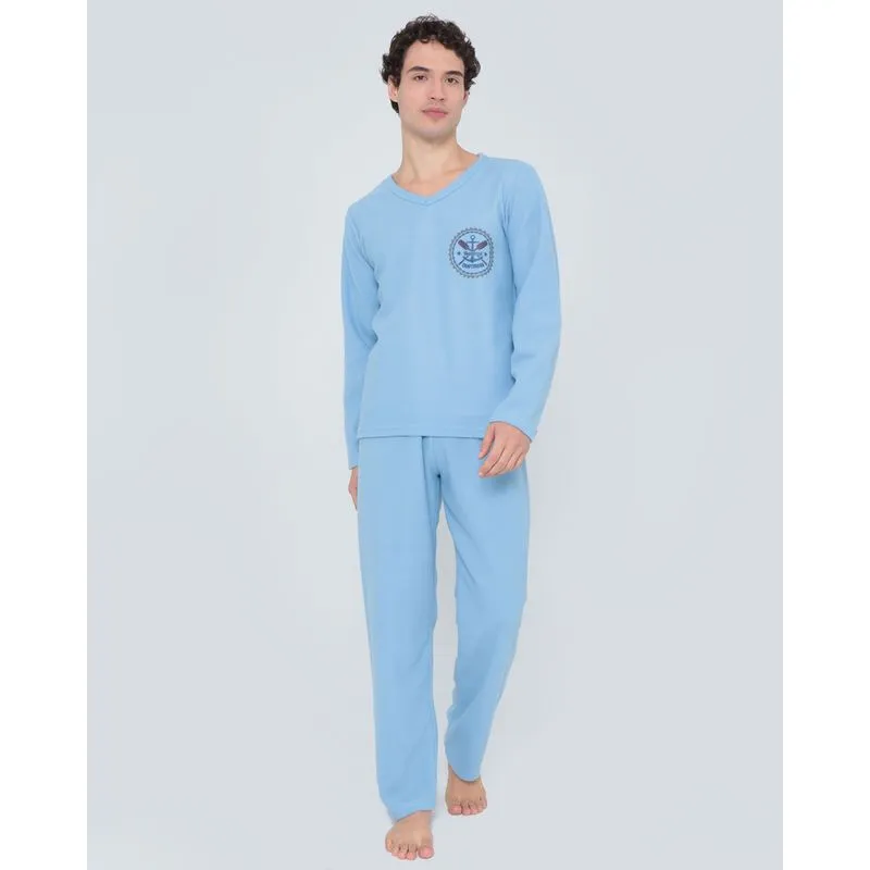 Pijama Masculino Longo Malha Soft Azul Claro GG