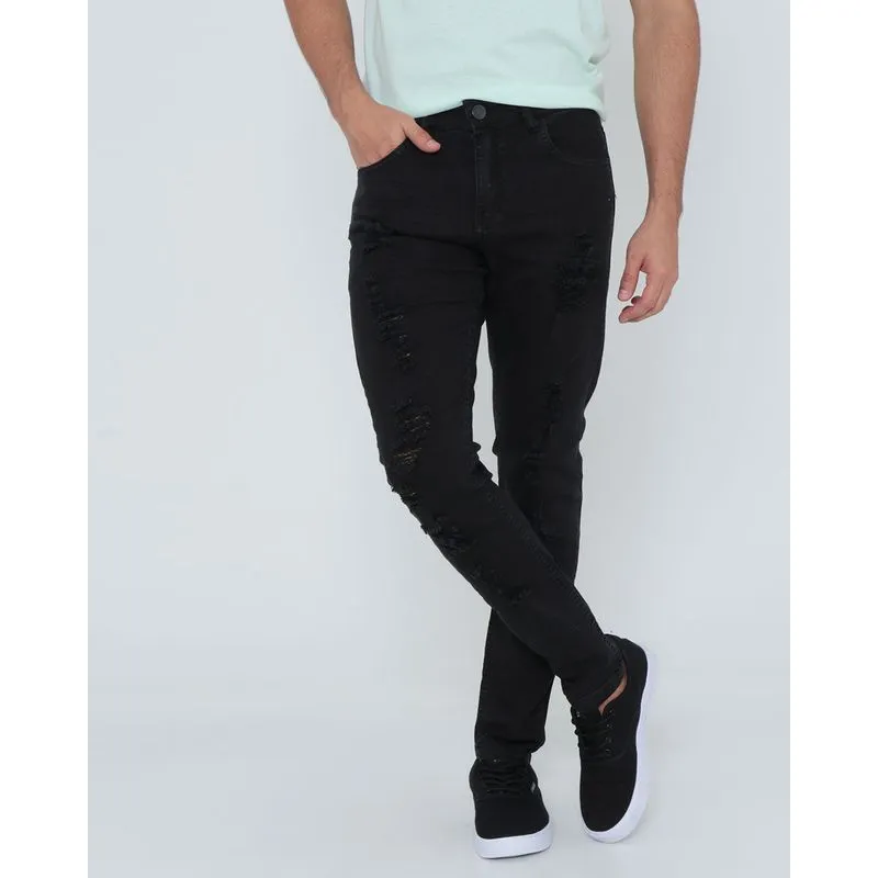 Calça Jeans Masculina Skinny Puídos Preta 36