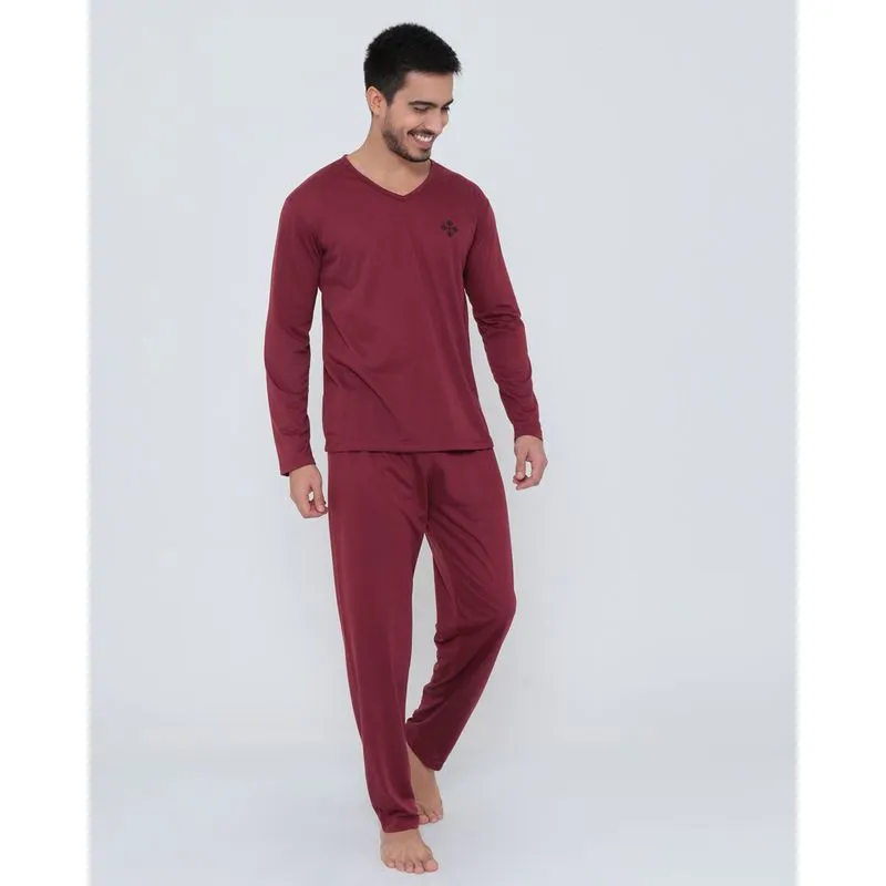 Pijama Longo Decote V Vinho P