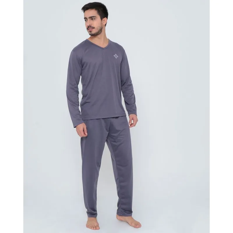 Pijama Longo Decote V Cinza Escuro GG