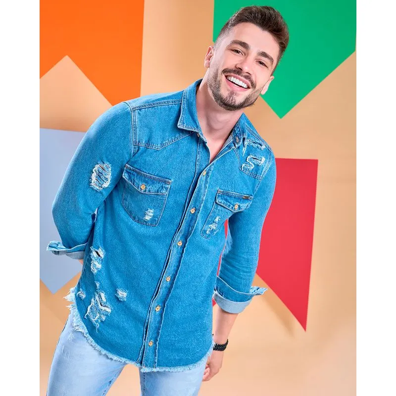 Camisa Jeans Masculina Destroyed Azul P