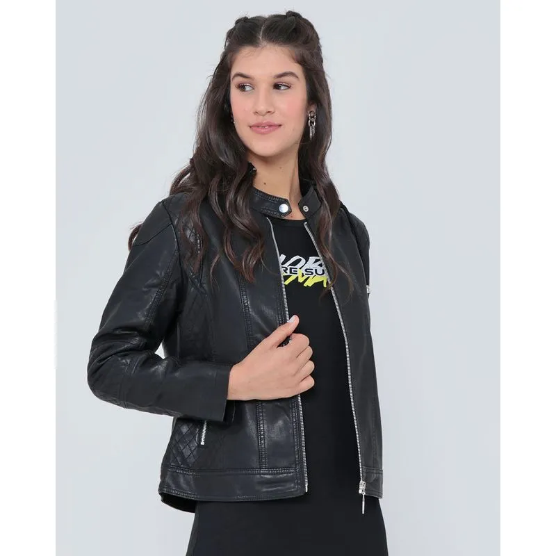Jaqueta Feminina Biker Material Sintético Capuz Preta P