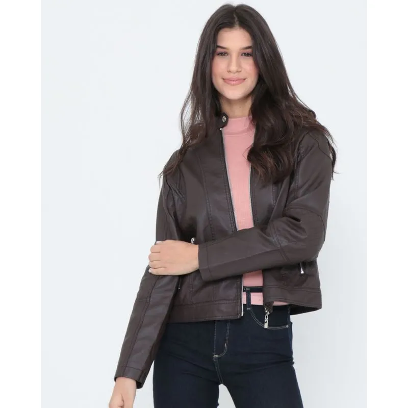 Jaqueta Feminina Biker Material Sintético Com Capuz Marrom GG