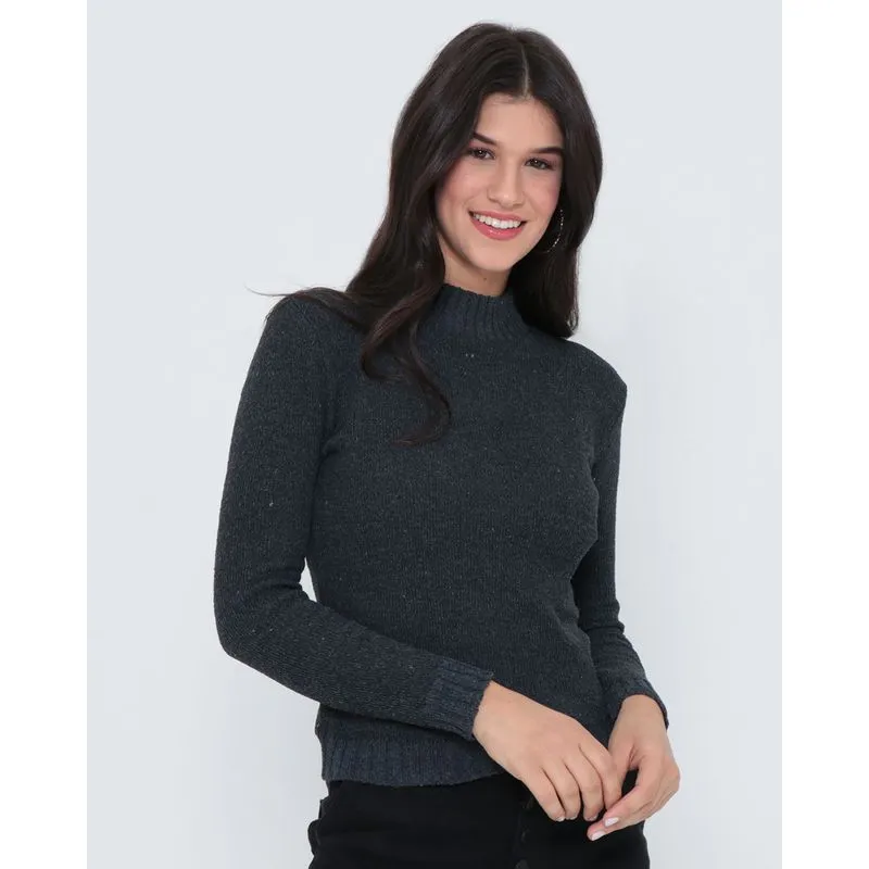Suéter Tricô Feminino Básico Mescla Cinza Escuro M