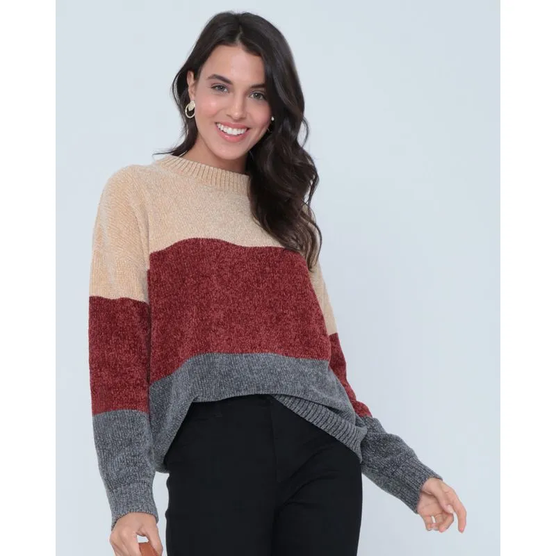 Suéter Feminino Tricô Multicor Listrado Bege Claro P