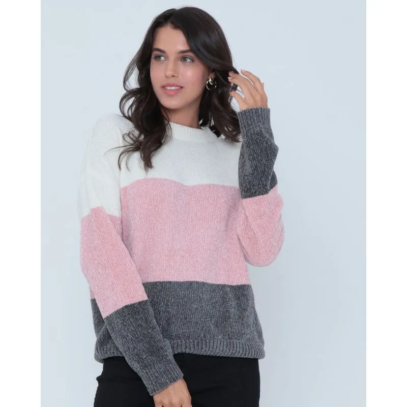 Suéter Feminino Tricô Multicor Listrado Rosa Claro G
