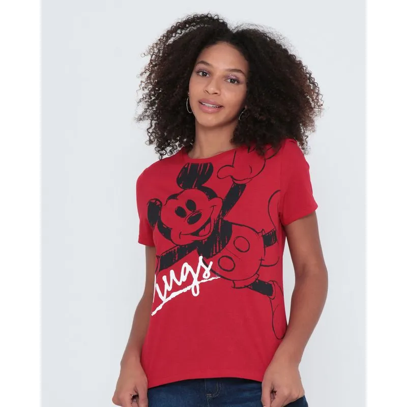 Camiseta Feminina Algodão Disney Mickey Manga Curta Vermelha P