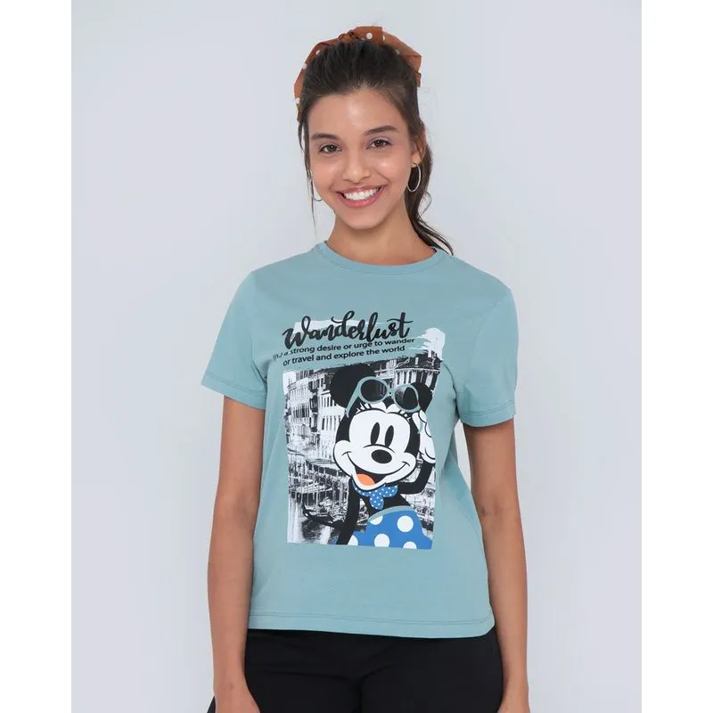 Camiseta Feminina Algodão Disney Mickey Manga Curta Azul GG