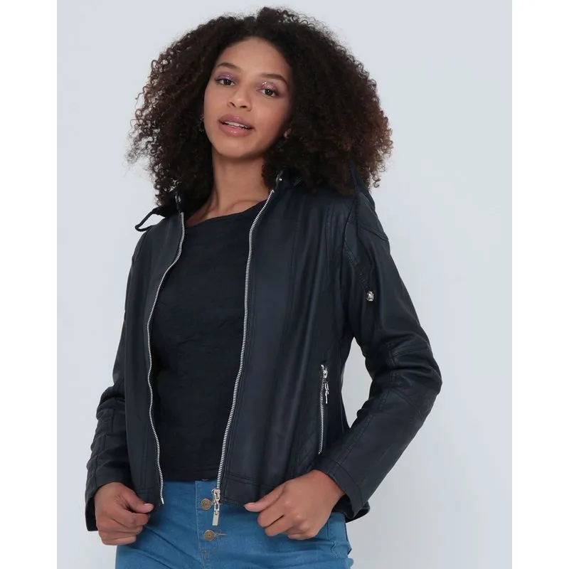 Jaqueta Feminina Biker Material Sintético Com Capuz Azul Escuro GG