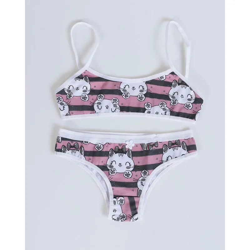 Conjunto Lingerie Juvenil Gatinhas Listrado Rosa M