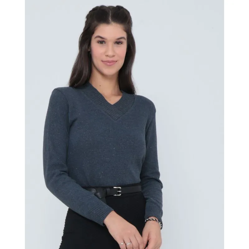 Suéter Feminino Tricô Decote V Cinza Escuro P