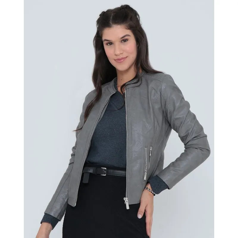 Jaqueta Feminina Biker Material Sintético Cinza GG