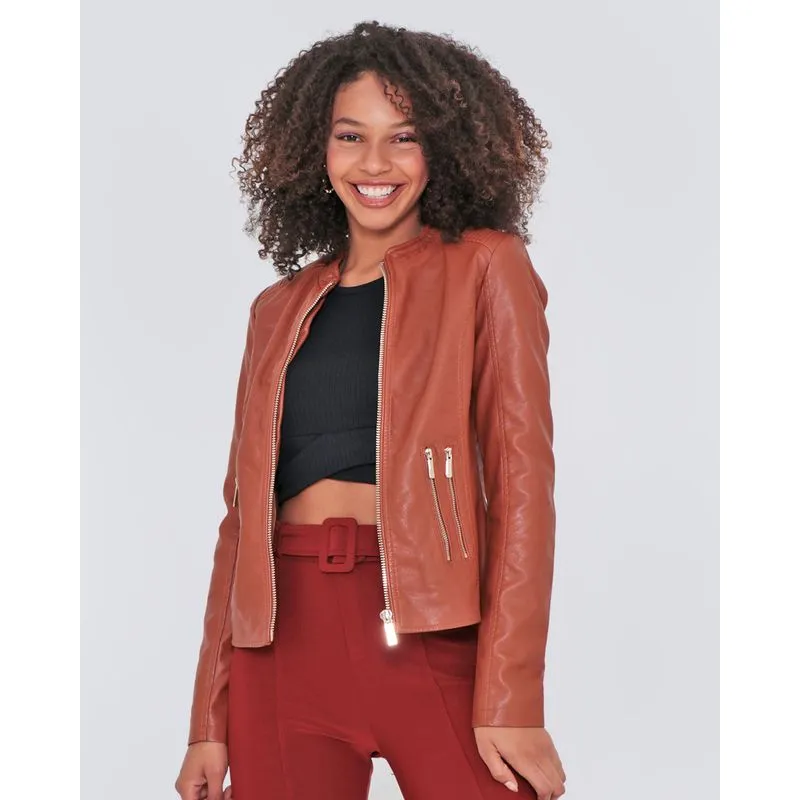 Jaqueta Feminina Biker Material Sintético Marrom M
