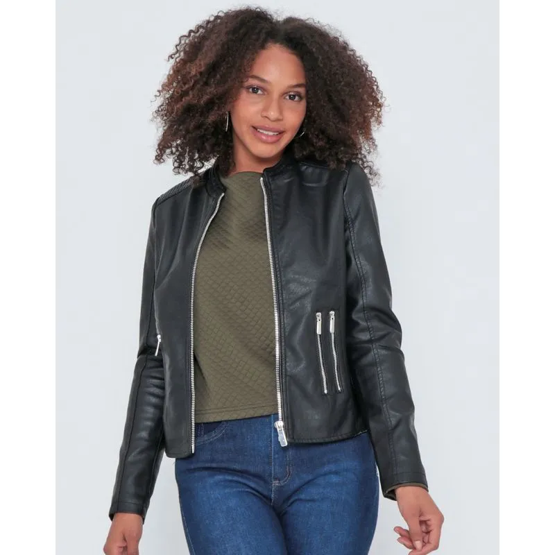 Jaqueta Feminina Biker Material Sintético Preta GG