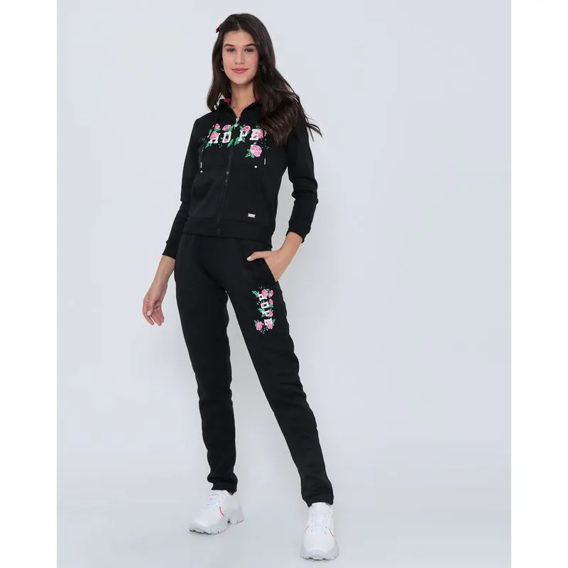 Conjunto Moletom Feminino Estampa Floral Preto M