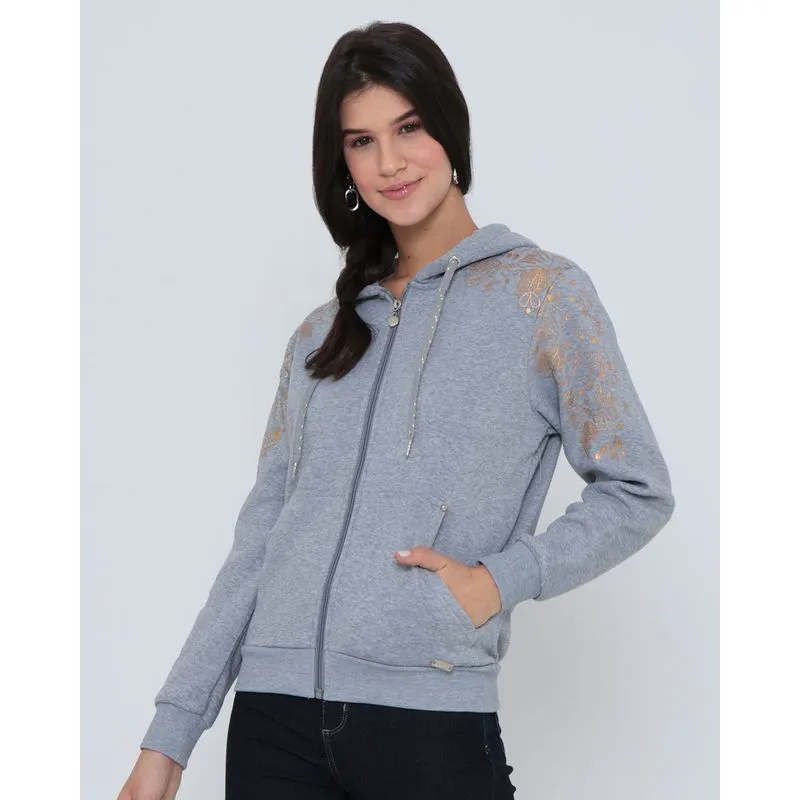 Casaco Moletom Feminino Estampa Folhas Cinza G