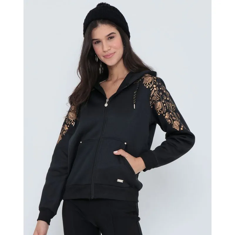 Casaco Moletom Feminino Estampa Folhas Preto G
