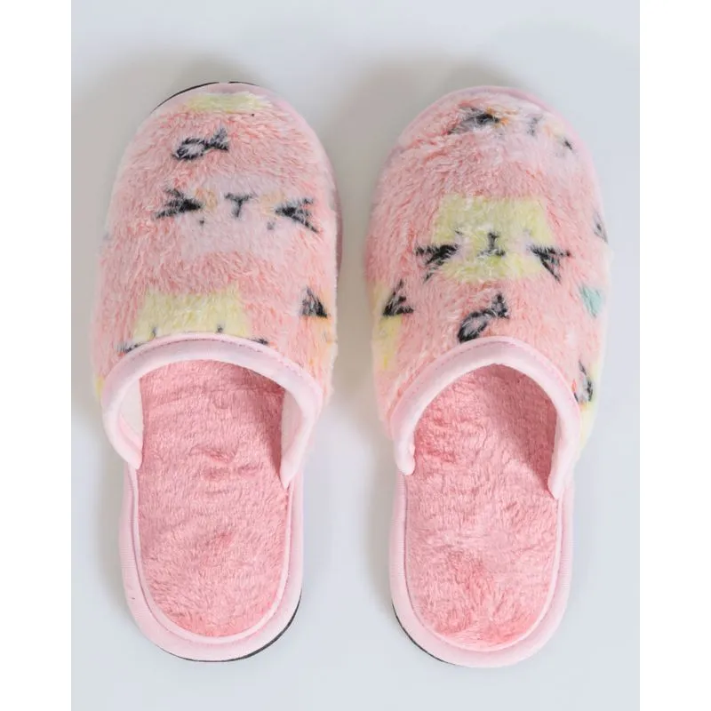 Pantufa Infantil Pelúcia Estampada Gatinho Rosa Claro 32/33