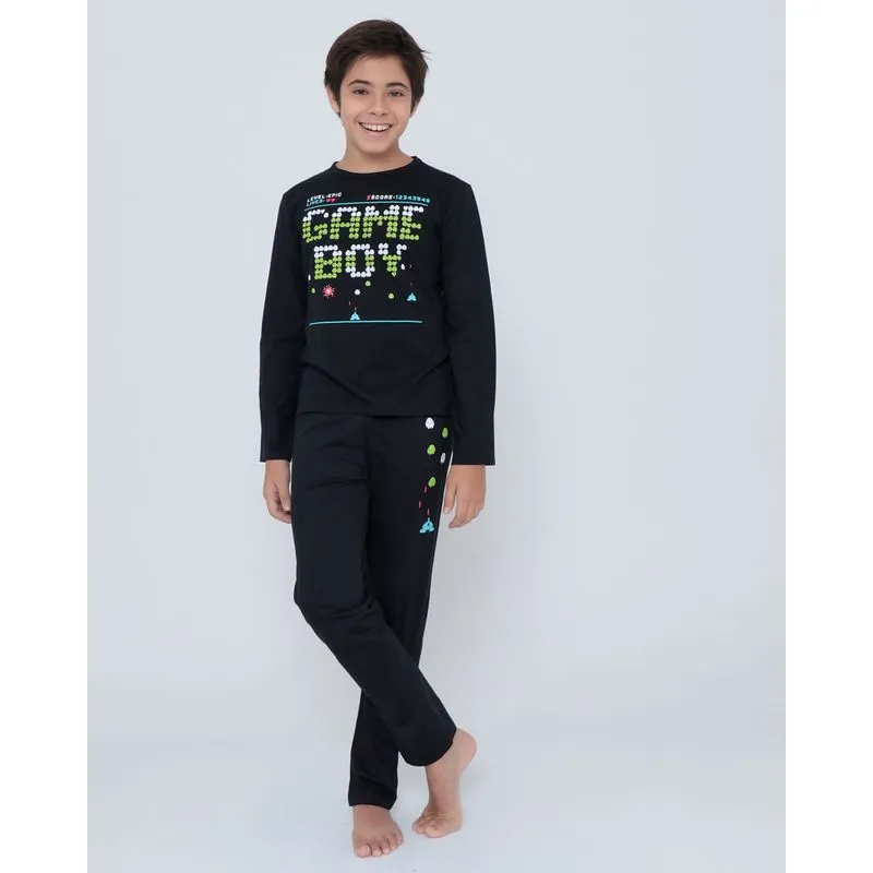 Pijama Juvenil Longo Estampa Game Boy Preto 12