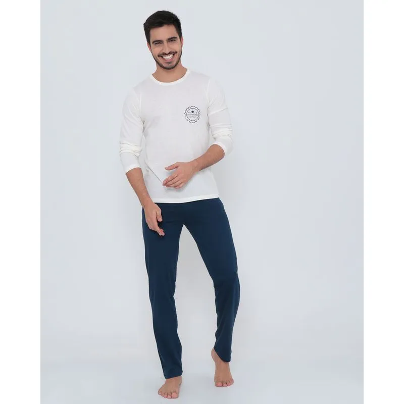 Pijama Longo Malha Básico Off White M