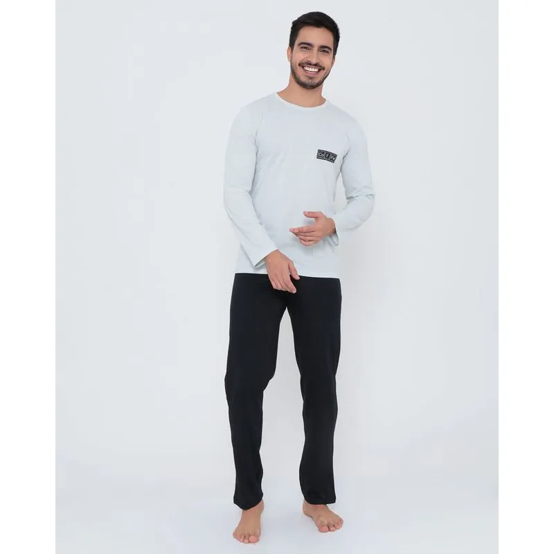 Pijama Longo Malha Básico Cinza Claro M