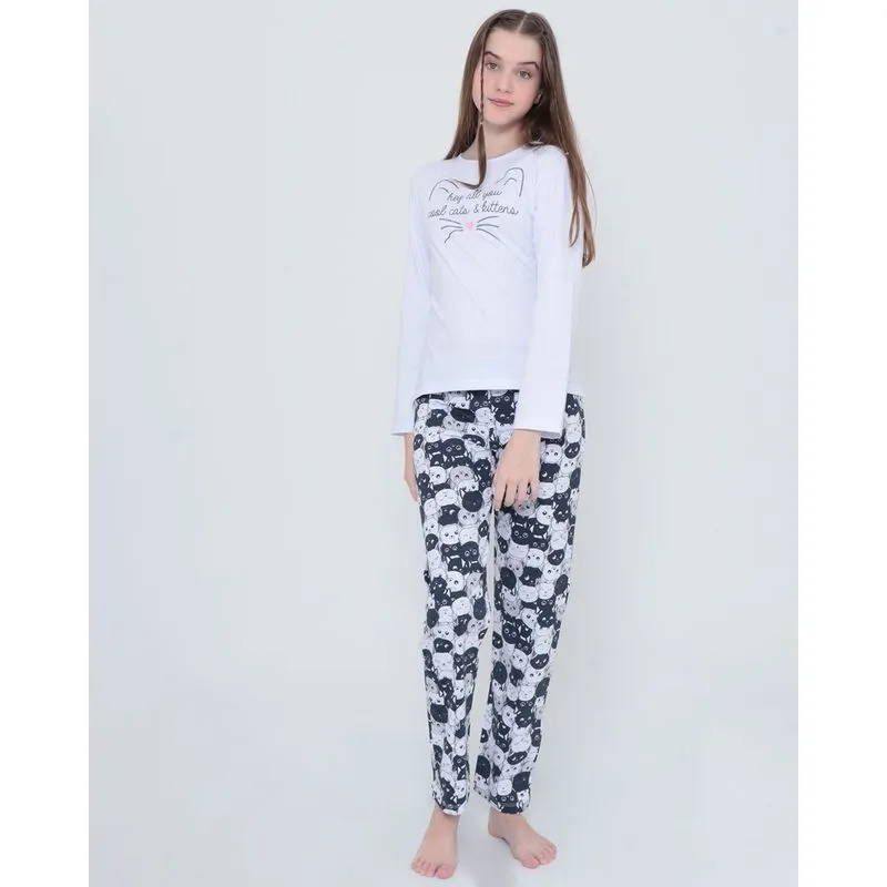 Pijama Juvenil Manga Longa Estampa Gatos Branco 16