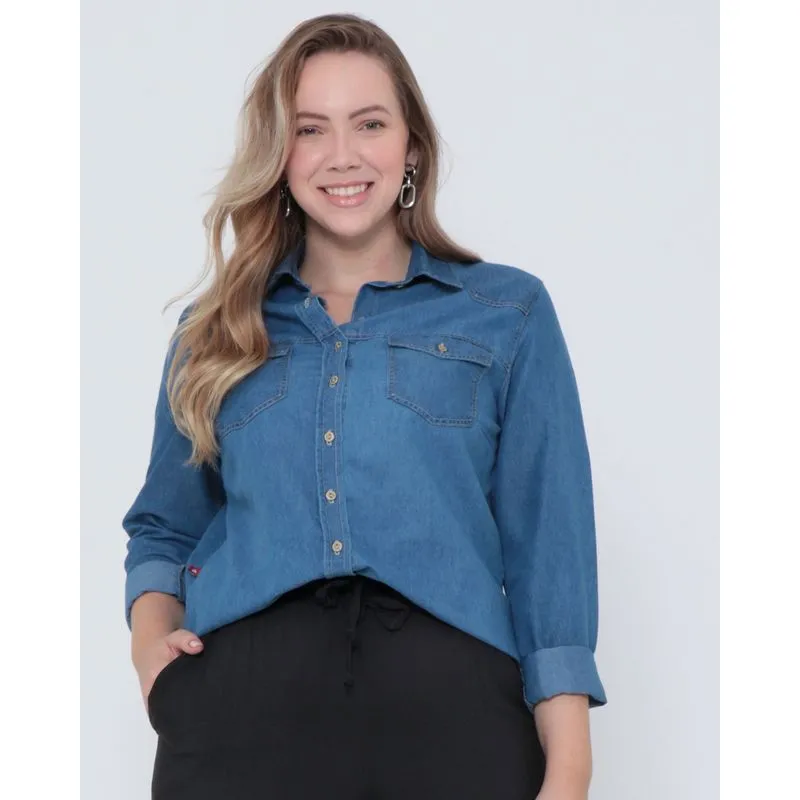 Camisa Jeans Feminina Plus Size Azul G3