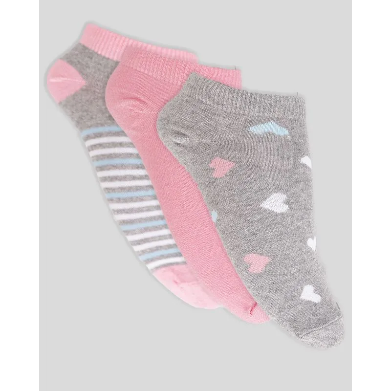 Kit Meia Feminina 3 Pares Cano Médio Cinza Corações e Rosa 34 A 39