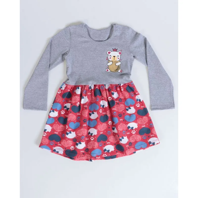 Vestido Bebê Manga Longa Urso Cinza 2