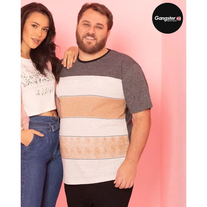 Camiseta Plus Size Listrada Gangster Mescla Cinza G4