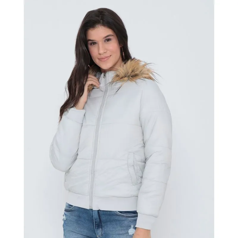 Jaqueta Feminina Bomber Capuz Pelo Branca GG