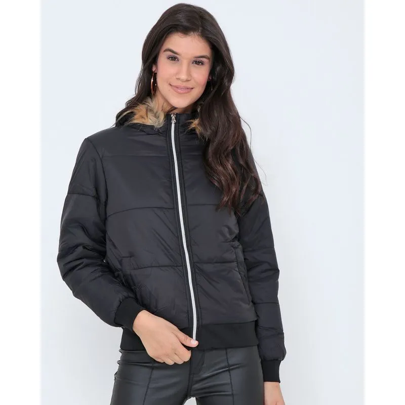 Jaqueta Feminina Bomber Capuz Pelo Preta P