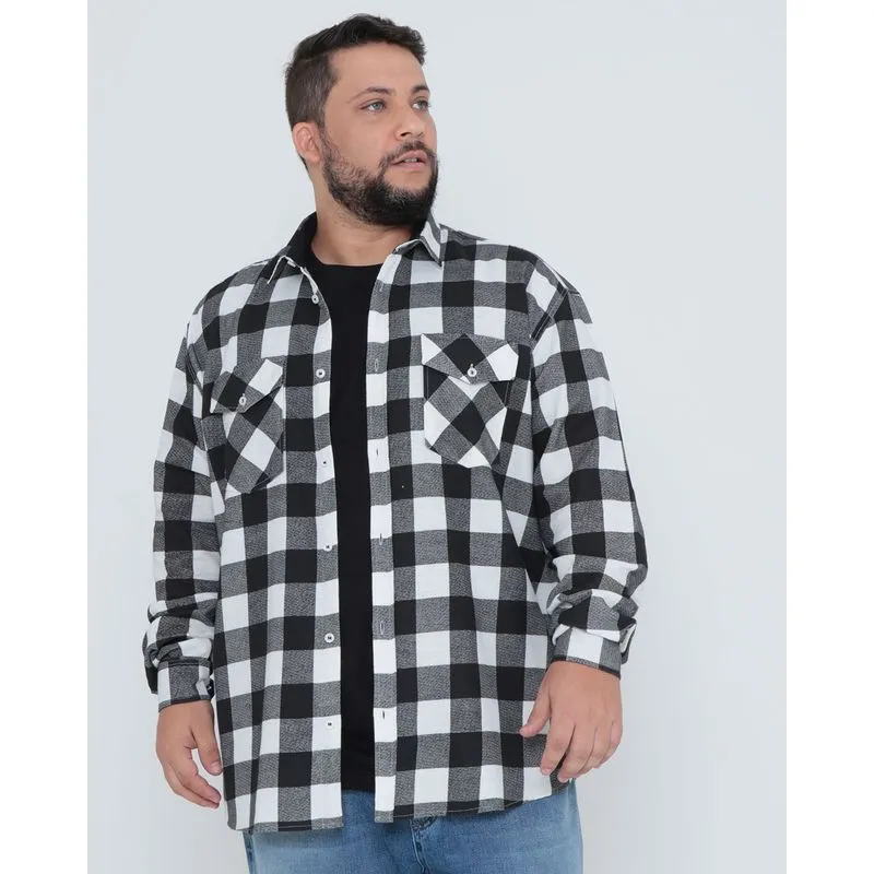 Camisa Masculina Plus Size Flanelada Xadrez Preta 7