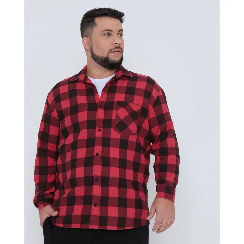 Camisa Masculina Plus Size Flanelada Xadrez Vermelha 6