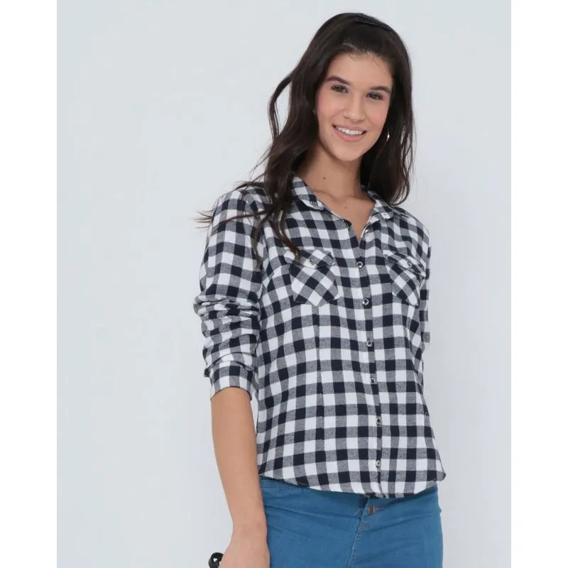 Camisa Feminina Estampa Xadrez Azul Marinho G