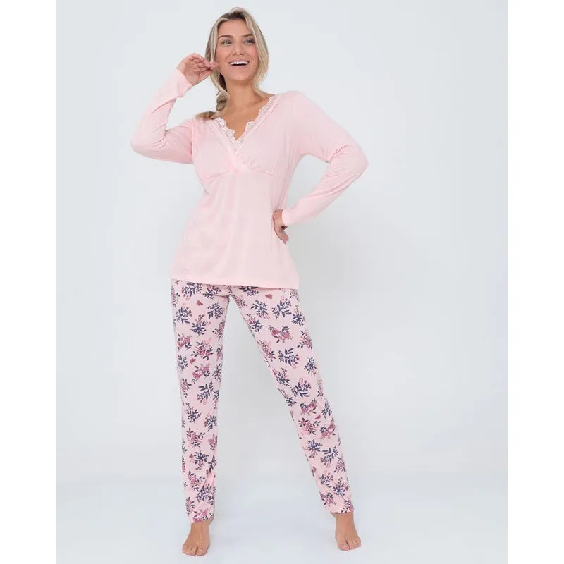 Pijama Feminino Longo Decote Renda Rosa Claro G