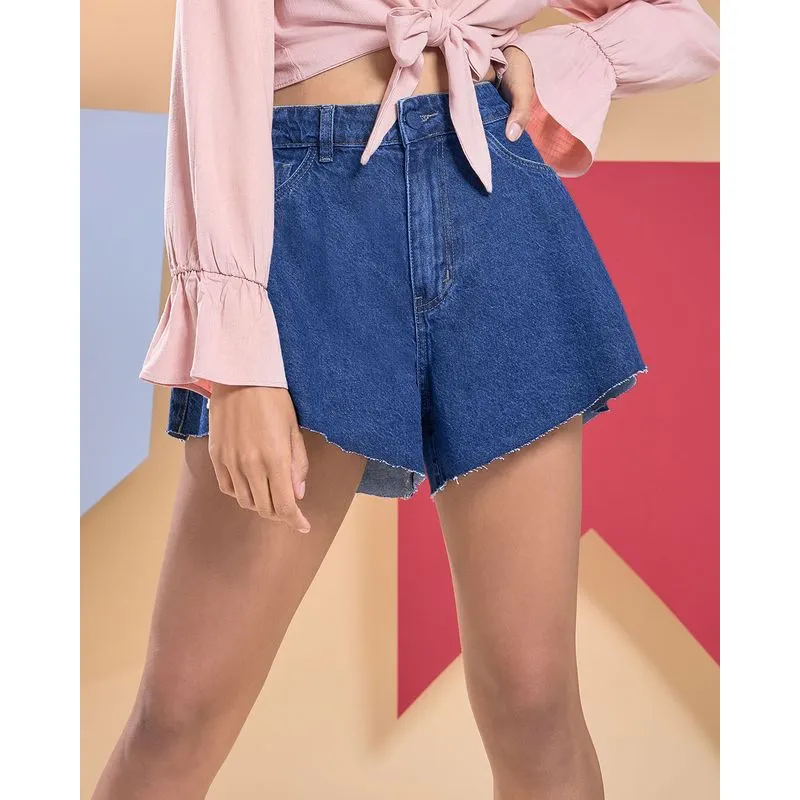 Short Jeans Feminino Godê Cintura Alta Azul 42