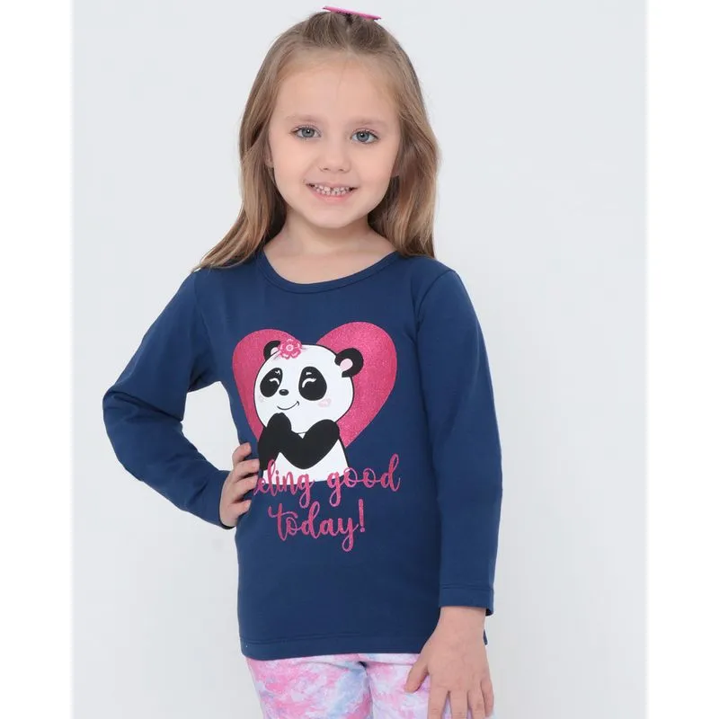 Blusa Infantil Manga Longa Estampa Panda Azul Marinho 6