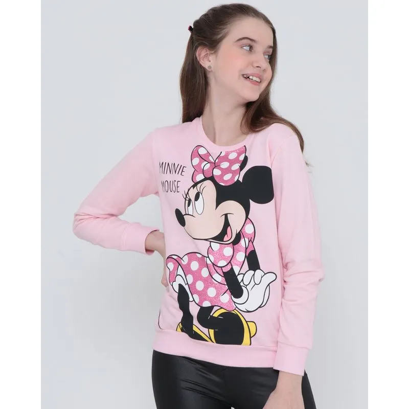Blusão Moletom Juvenil Minnie Mouse Disney Rosa Claro 12