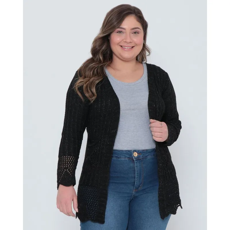 Cardigan Tricô Feminino Plus Size Preto G3