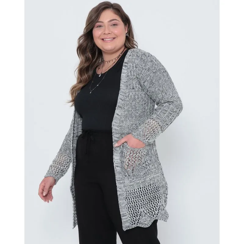 Cardigan Tricô Feminino Plus Size Off White G2