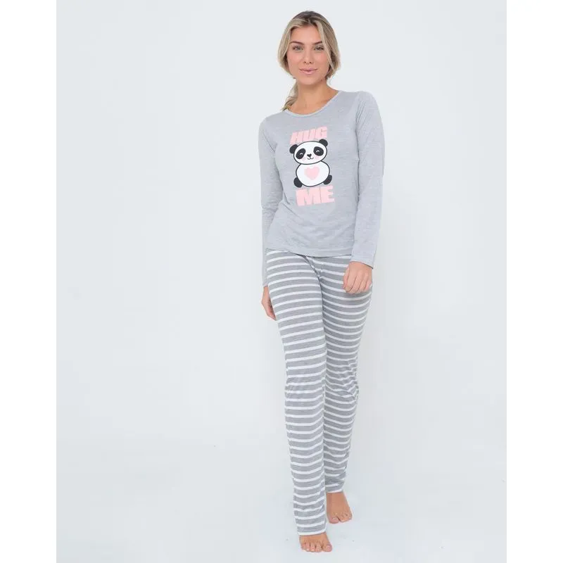 Pijama Feminino Longo Estampa Panda Mescla Cinza M
