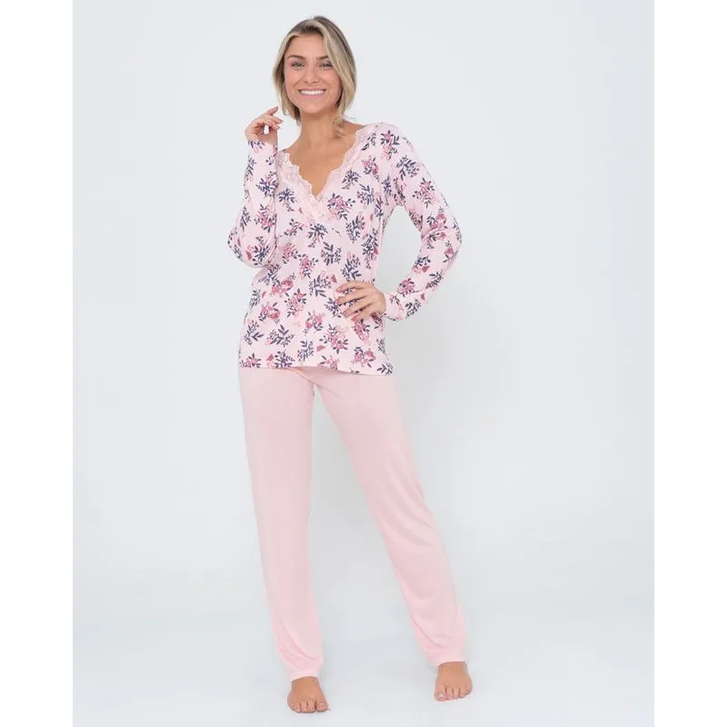 Pijama Feminino Longo Recorte Renda Floral Rosa M