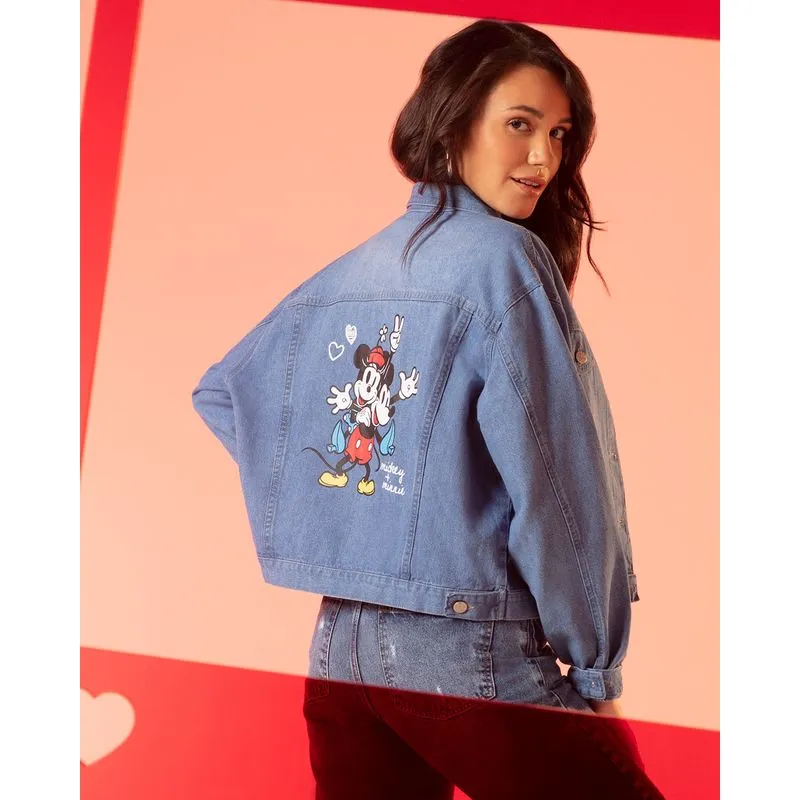 Jaqueta Jeans Feminina Cropped Mickey Minnie Disney Azul M