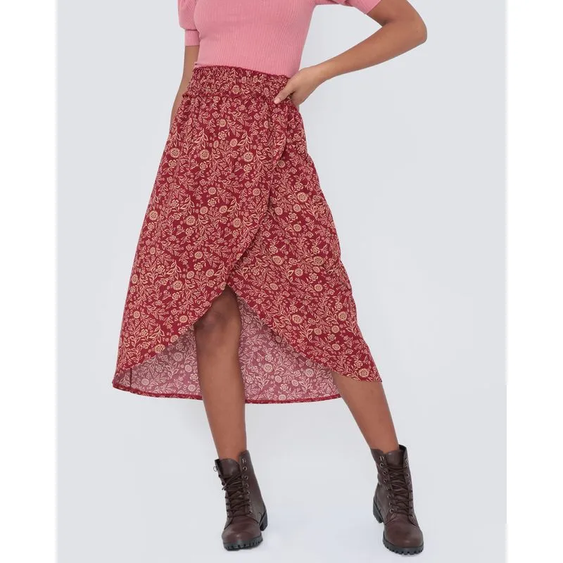 Saia Midi Viscose Transpassada Floral Vinho M