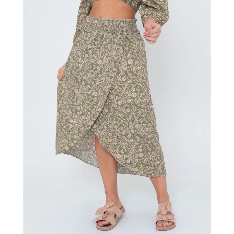 Saia Midi Viscose Transpassada Floral Verde G