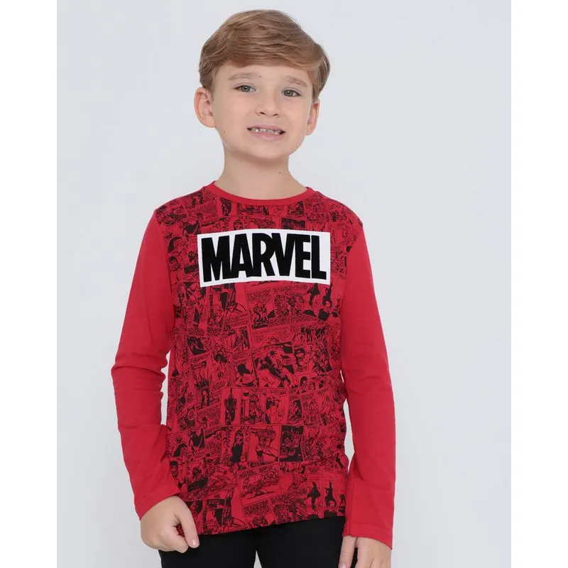 Camiseta Infantil Manga Longa Estampa Marvel Vermelha 6