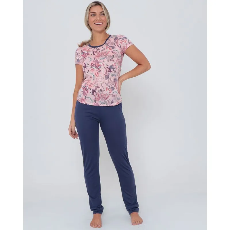 Pijama Feminino Longo Estampa Floral Rosa GG